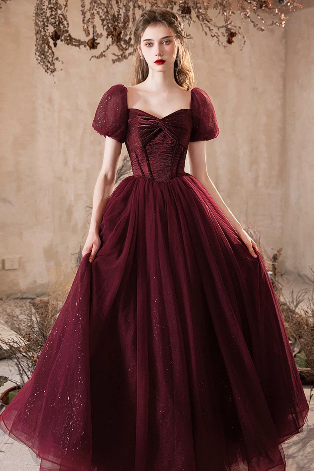 Shiny Tulle Short Sleeves Floor Length Party Dress, A-Line Burgundy Prom Evening Dress