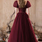 Shiny Tulle Short Sleeves Floor Length Party Dress, A-Line Burgundy Prom Evening Dress