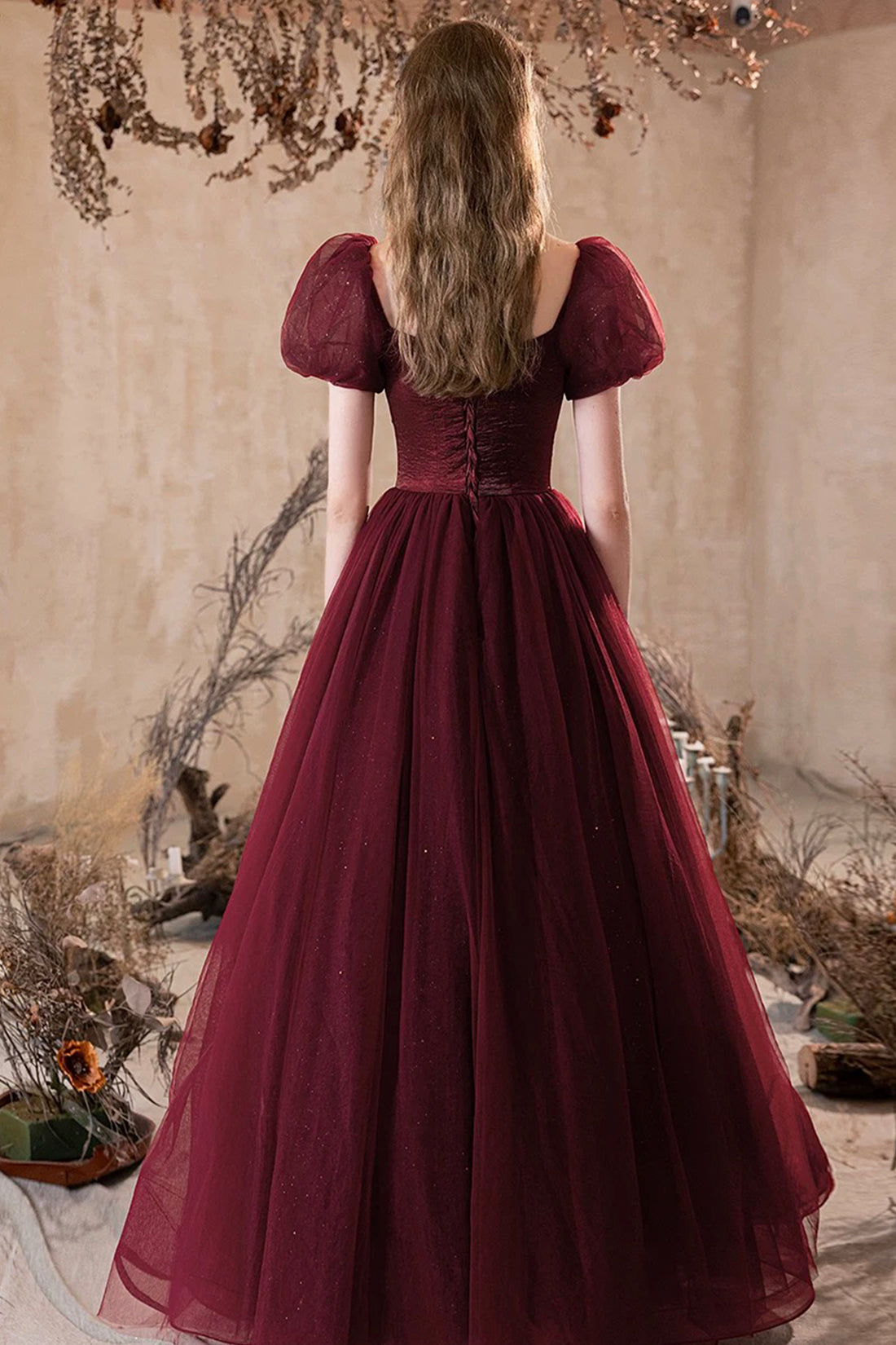 Shiny Tulle Short Sleeves Floor Length Party Dress, A-Line Burgundy Prom Evening Dress