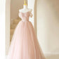 Pink Tulle Floor Length Prom Dress, Off the Shoulder Evening Party Dress