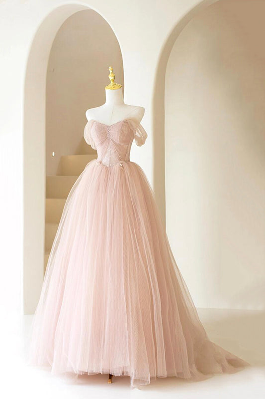 Pink Tulle Floor Length Prom Dress, Off the Shoulder Evening Party Dress