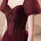 Shiny Tulle Short Sleeves Floor Length Party Dress, A-Line Burgundy Prom Evening Dress