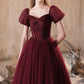 Shiny Tulle Short Sleeves Floor Length Party Dress, A-Line Burgundy Prom Evening Dress