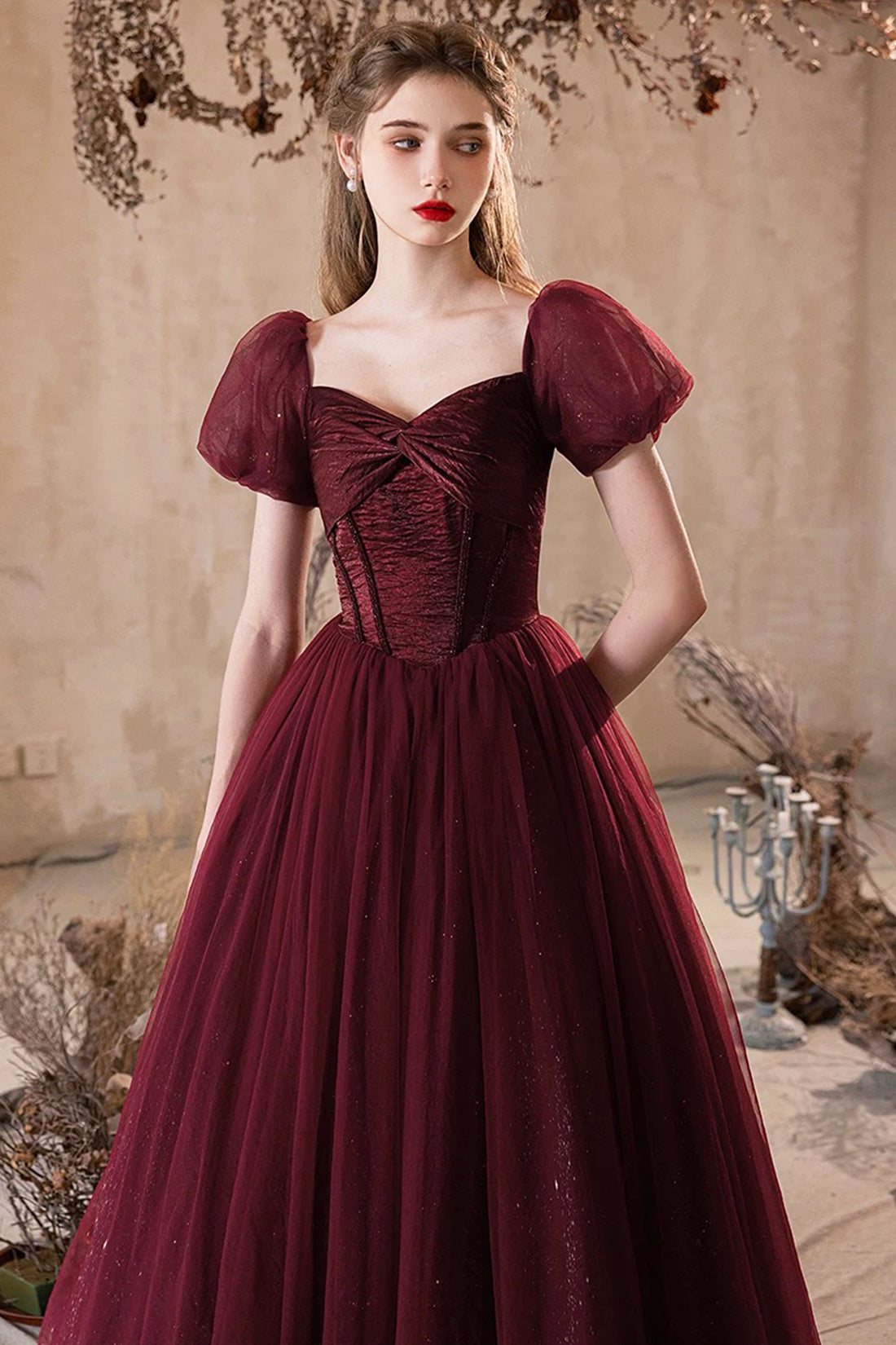 Shiny Tulle Short Sleeves Floor Length Party Dress, A-Line Burgundy Prom Evening Dress