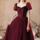 Shiny Tulle Short Sleeves Floor Length Party Dress, A-Line Burgundy Prom Evening Dress