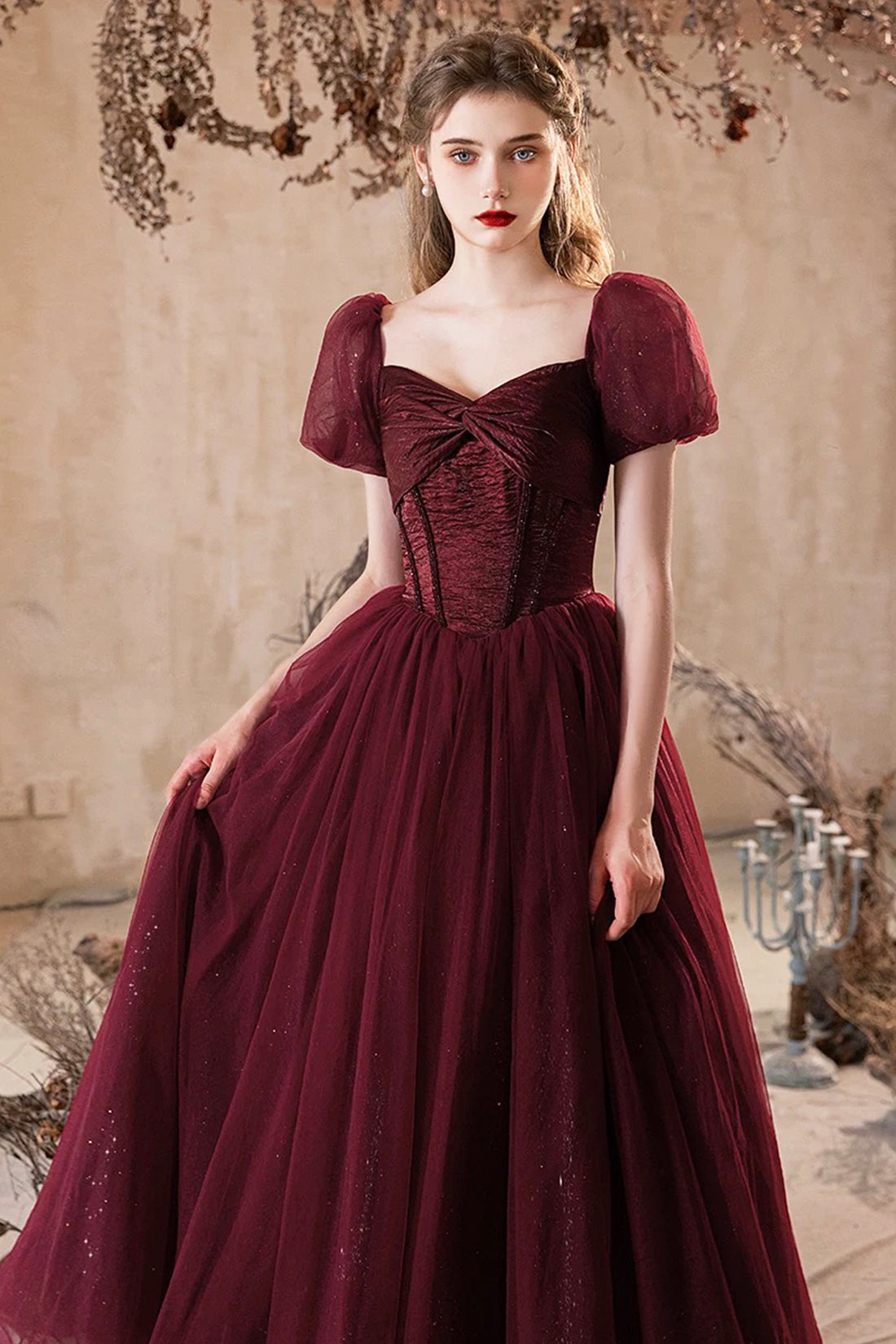 Shiny Tulle Short Sleeves Floor Length Party Dress, A-Line Burgundy Prom Evening Dress