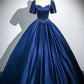 Blue Satin Floor Length Prom Dress, Elegant Short Sleeve Evening Party Dress