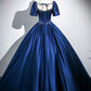 Blue Satin Floor Length Prom Dress, Elegant Short Sleeve Evening Party Dress