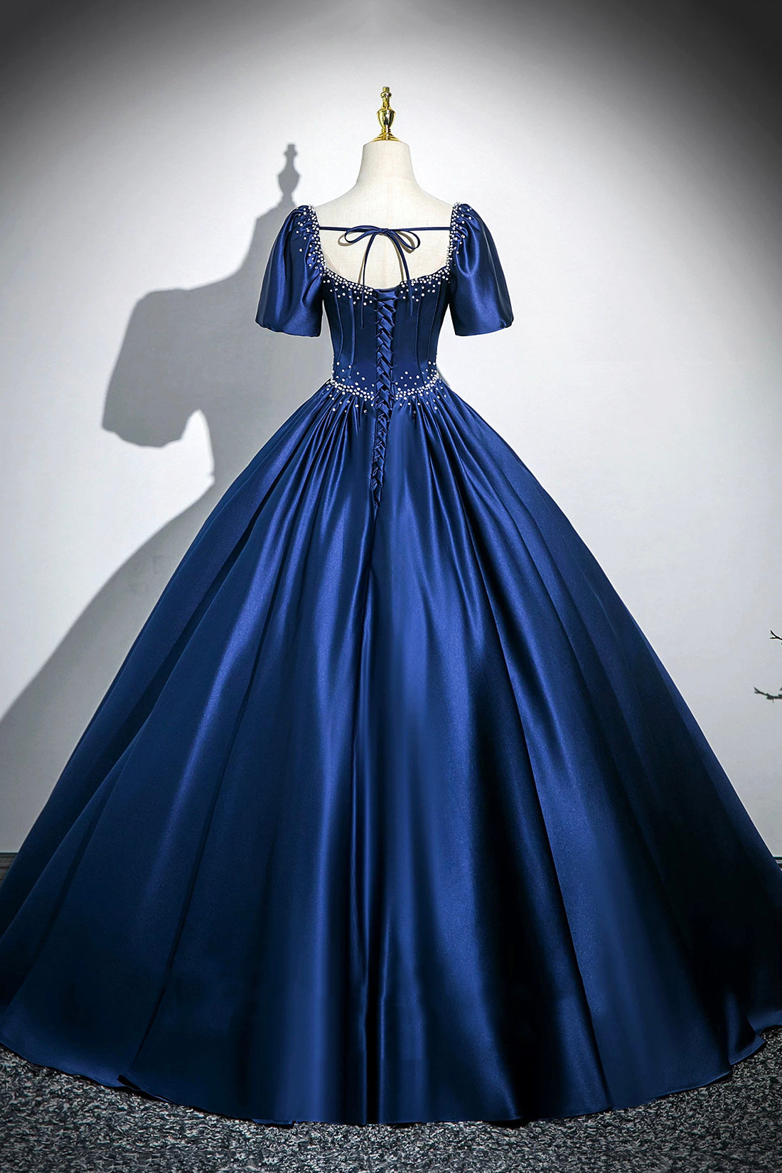 Blue Satin Floor Length Prom Dress, Elegant Short Sleeve Evening Party Dress