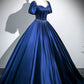 Blue Satin Floor Length Prom Dress, Elegant Short Sleeve Evening Party Dress