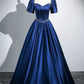 Blue Satin Floor Length Prom Dress, Elegant Short Sleeve Evening Party Dress