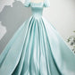 Blue Satin Long Prom Dress, Elegant Short Sleeve Evening Party Dress