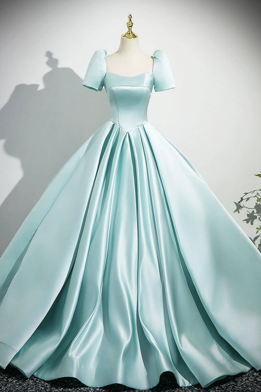 Blue Satin Long Prom Dress, Elegant Short Sleeve Evening Party Dress