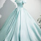 Blue Satin Long Prom Dress, Elegant Short Sleeve Evening Party Dress