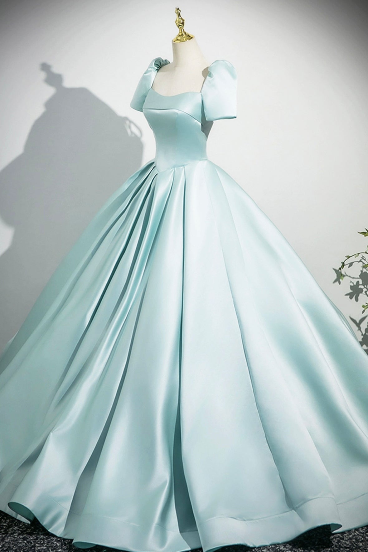 Blue Satin Long Prom Dress, Elegant Short Sleeve Evening Party Dress