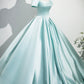 Blue Satin Long Prom Dress, Elegant Short Sleeve Evening Party Dress