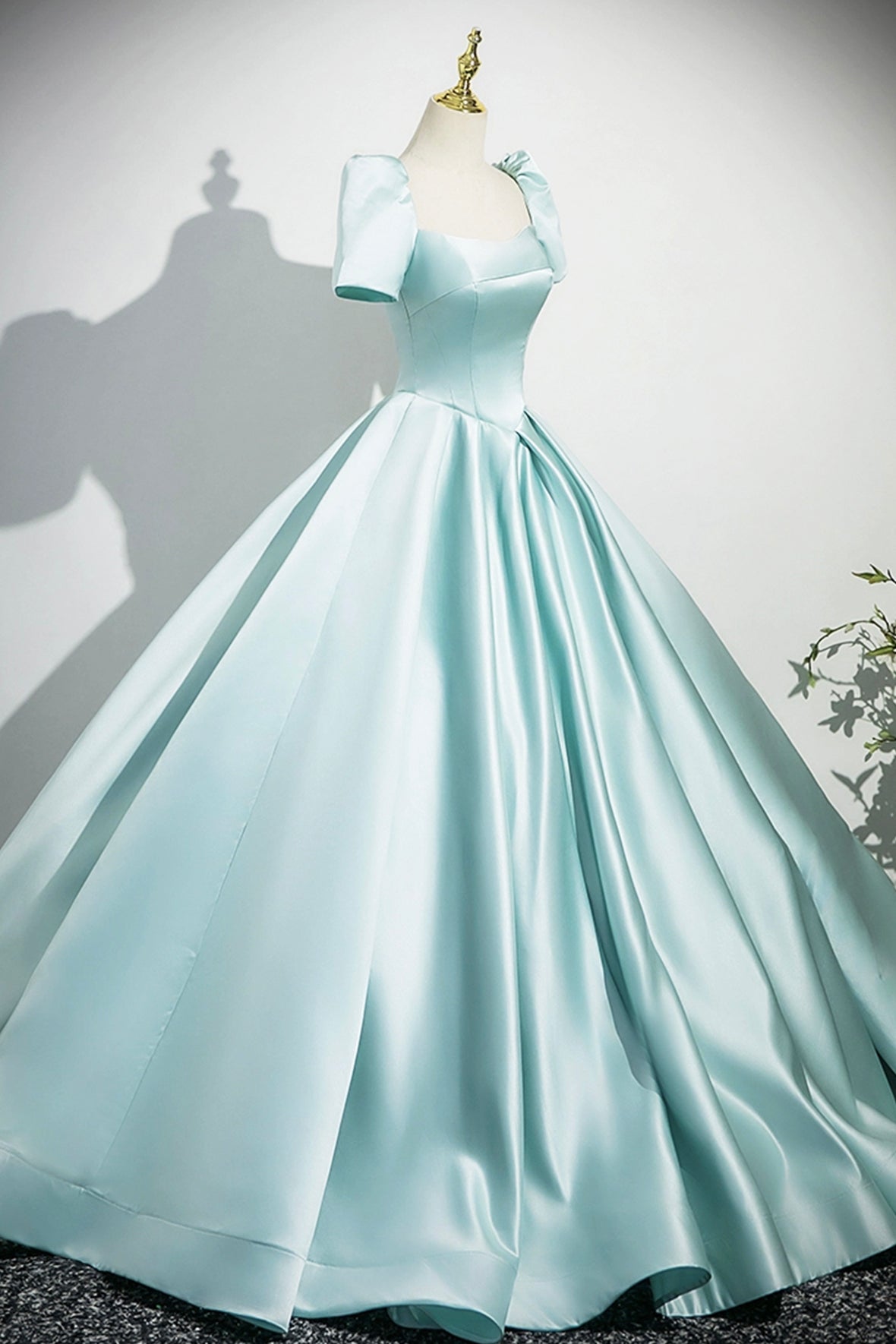 Blue Satin Long Prom Dress, Elegant Short Sleeve Evening Party Dress