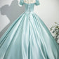 Blue Satin Long Prom Dress, Elegant Short Sleeve Evening Party Dress