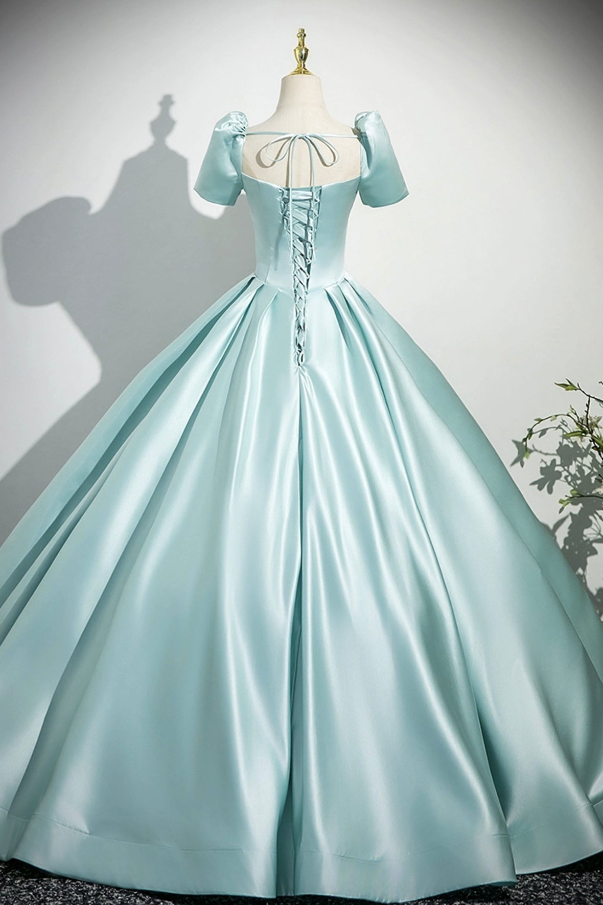 Blue Satin Long Prom Dress, Elegant Short Sleeve Evening Party Dress