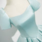 Blue Satin Long Prom Dress, Elegant Short Sleeve Evening Party Dress