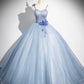 Blue Tulle Floor Length Prom Dress, Blue Spaghetti Strap Evening Party Dress