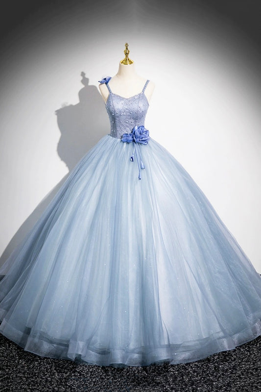 Blue Tulle Floor Length Prom Dress, Blue Spaghetti Strap Evening Party Dress