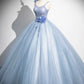 Blue Tulle Floor Length Prom Dress, Blue Spaghetti Strap Evening Party Dress