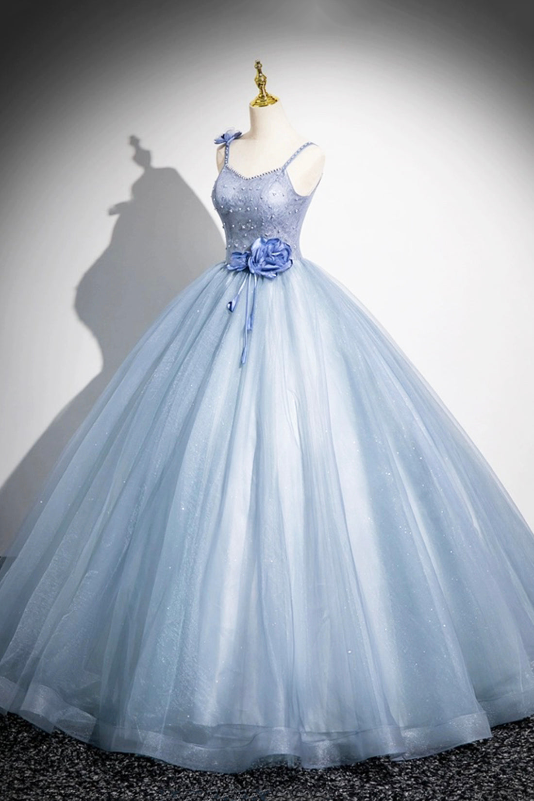 Blue Tulle Floor Length Prom Dress, Blue Spaghetti Strap Evening Party Dress