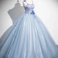 Blue Tulle Floor Length Prom Dress, Blue Spaghetti Strap Evening Party Dress