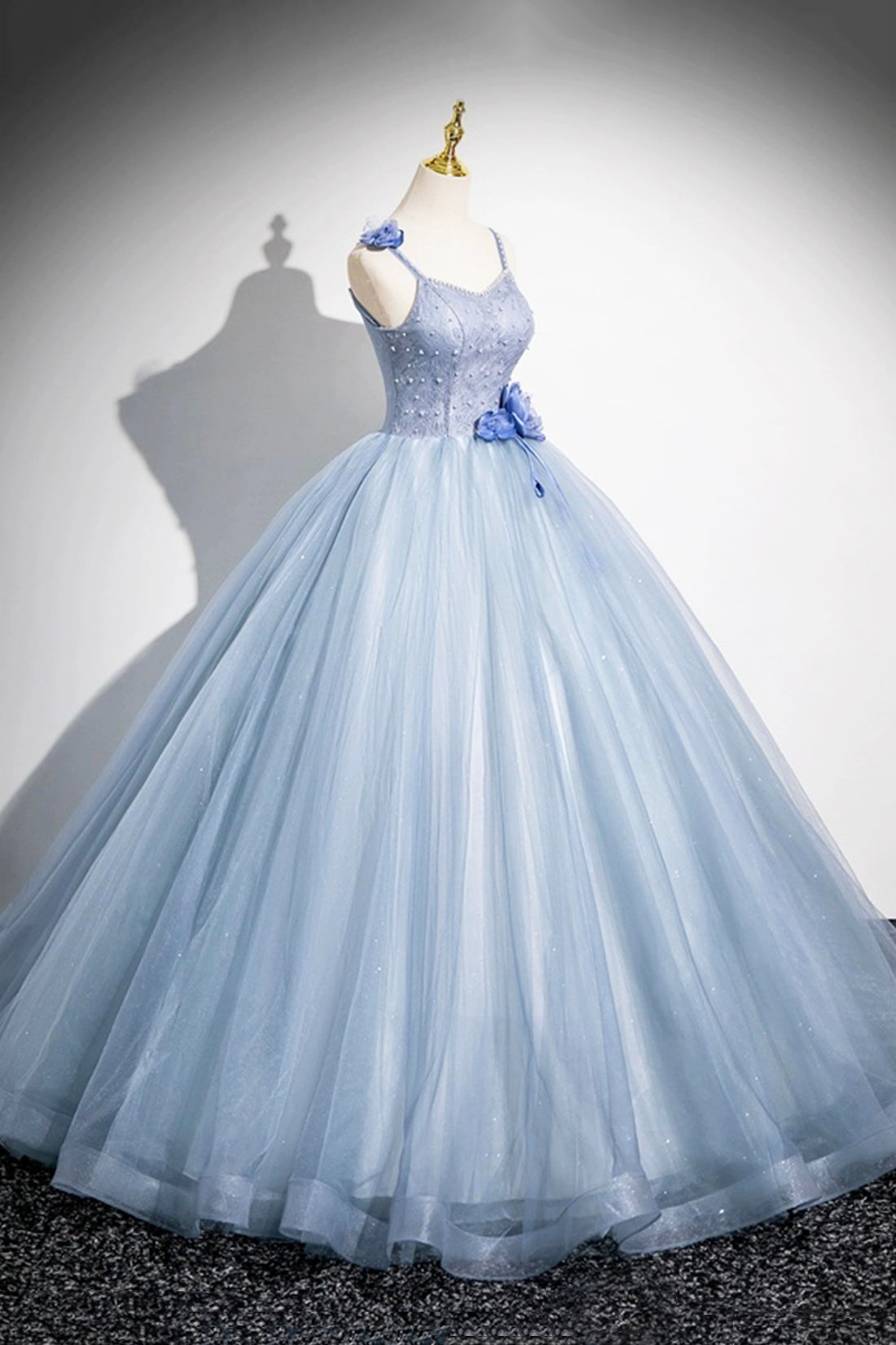 Blue Tulle Floor Length Prom Dress, Blue Spaghetti Strap Evening Party Dress