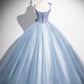 Blue Tulle Floor Length Prom Dress, Blue Spaghetti Strap Evening Party Dress