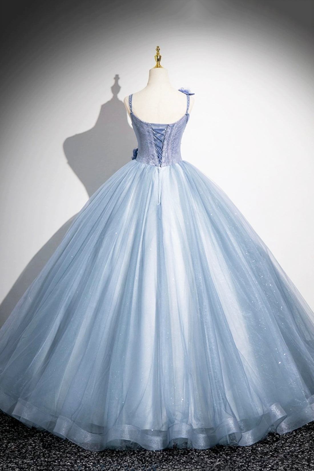 Blue Tulle Floor Length Prom Dress, Blue Spaghetti Strap Evening Party Dress