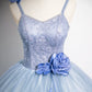 Blue Tulle Floor Length Prom Dress, Blue Spaghetti Strap Evening Party Dress