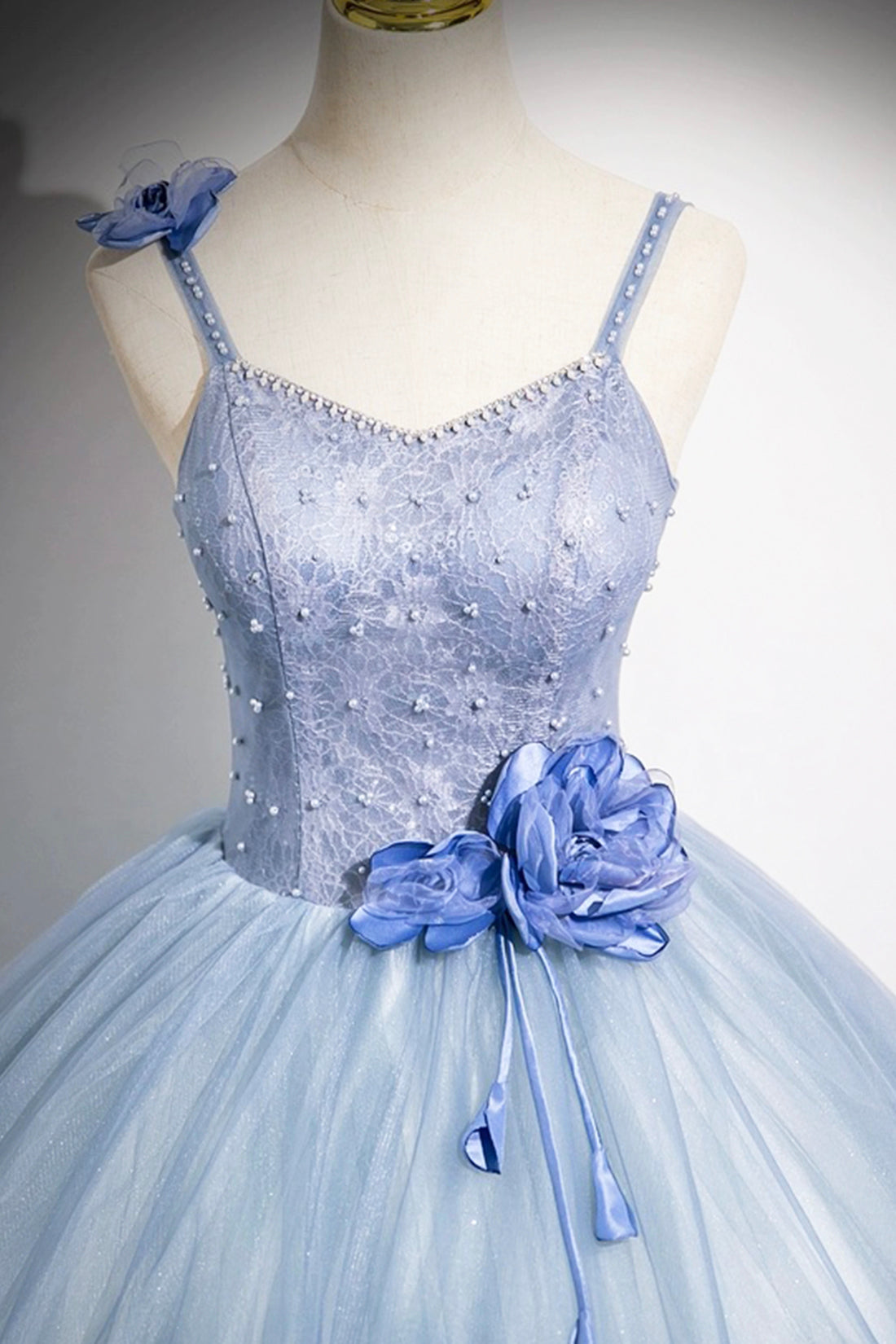 Blue Tulle Floor Length Prom Dress, Blue Spaghetti Strap Evening Party Dress