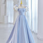 White and Blue Satin Long Prom Dress, A-Line Short Sleeve Evening Dress