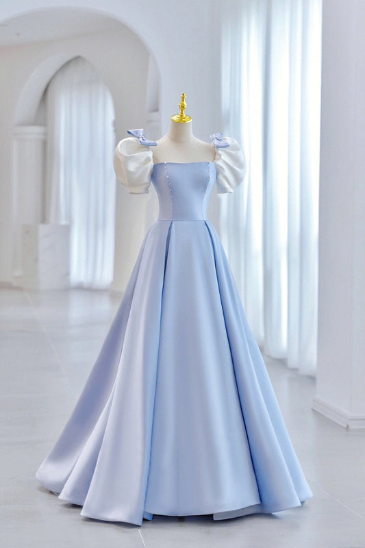 White and Blue Satin Long Prom Dress, A-Line Short Sleeve Evening Dress