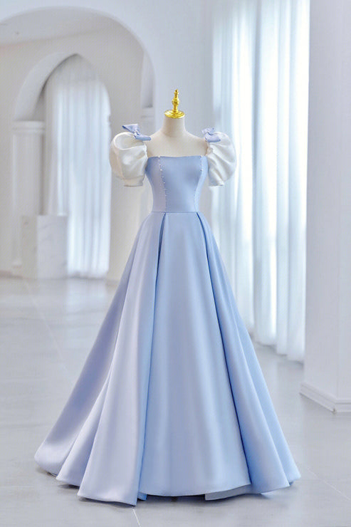 White and Blue Satin Long Prom Dress, A-Line Short Sleeve Evening Dres
