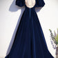 Blue Velvet Long Prom Dress, Beautiful A-Line Backless Evening Party Dress