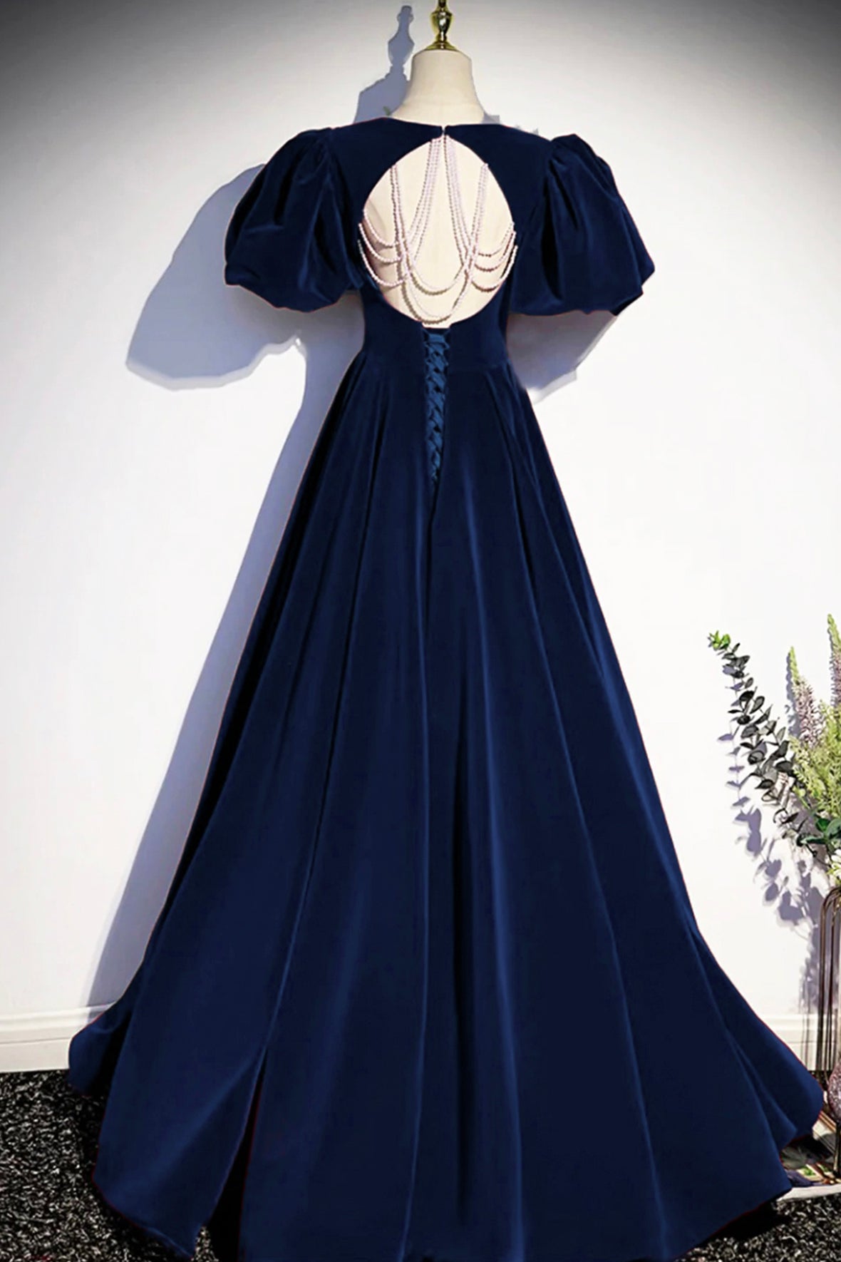 Blue Velvet Long Prom Dress, Beautiful A-Line Backless Evening Party Dress