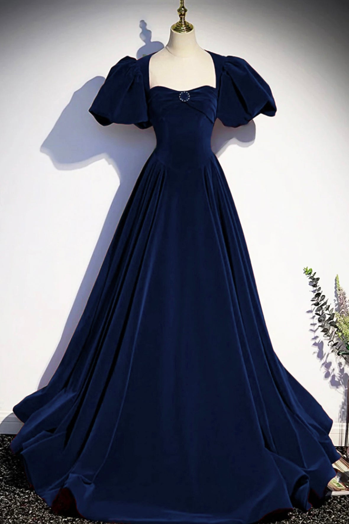 Blue Velvet Long Prom Dress, Beautiful A-Line Backless Evening Party Dress