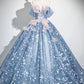 Beautiful Flower Fairy Tulle Long Formal Dress, Blue Off the Shoulder Party Dress