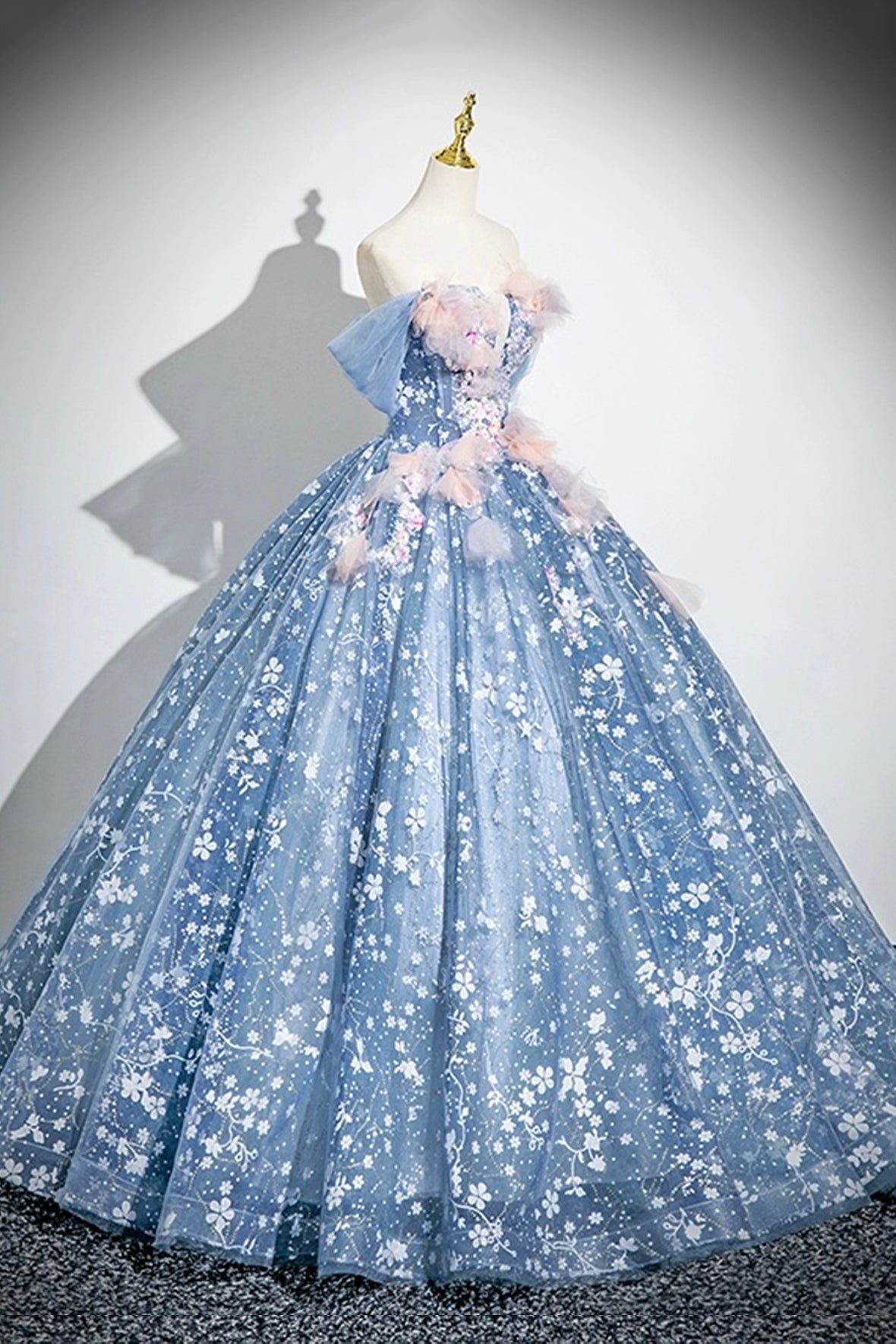 Beautiful Flower Fairy Tulle Long Formal Dress, Blue Off the Shoulder Party Dress