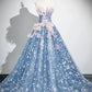 Beautiful Flower Fairy Tulle Long Formal Dress, Blue Off the Shoulder Party Dress