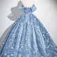 Beautiful Flower Fairy Tulle Long Formal Dress, Blue Off the Shoulder Party Dress