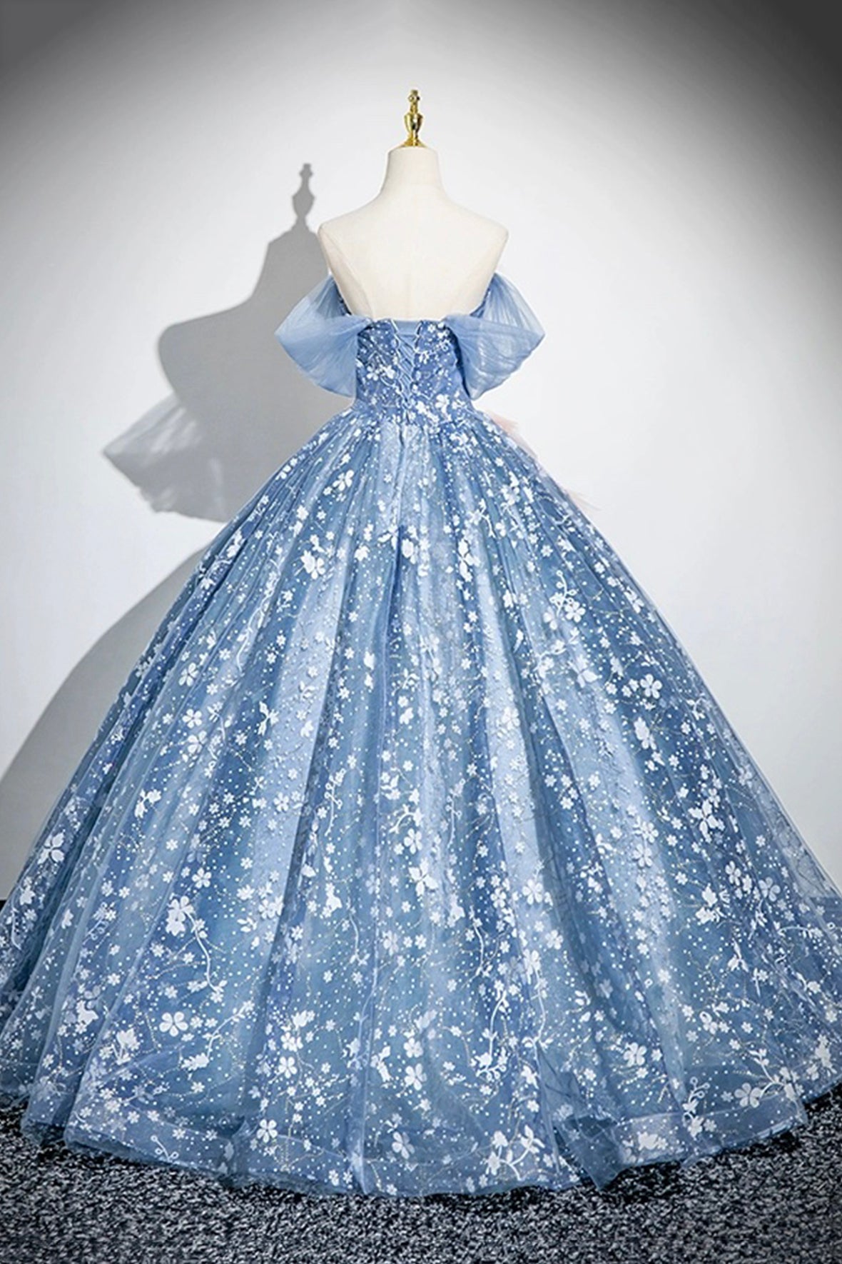 Beautiful Flower Fairy Tulle Long Formal Dress, Blue Off the Shoulder Party Dress