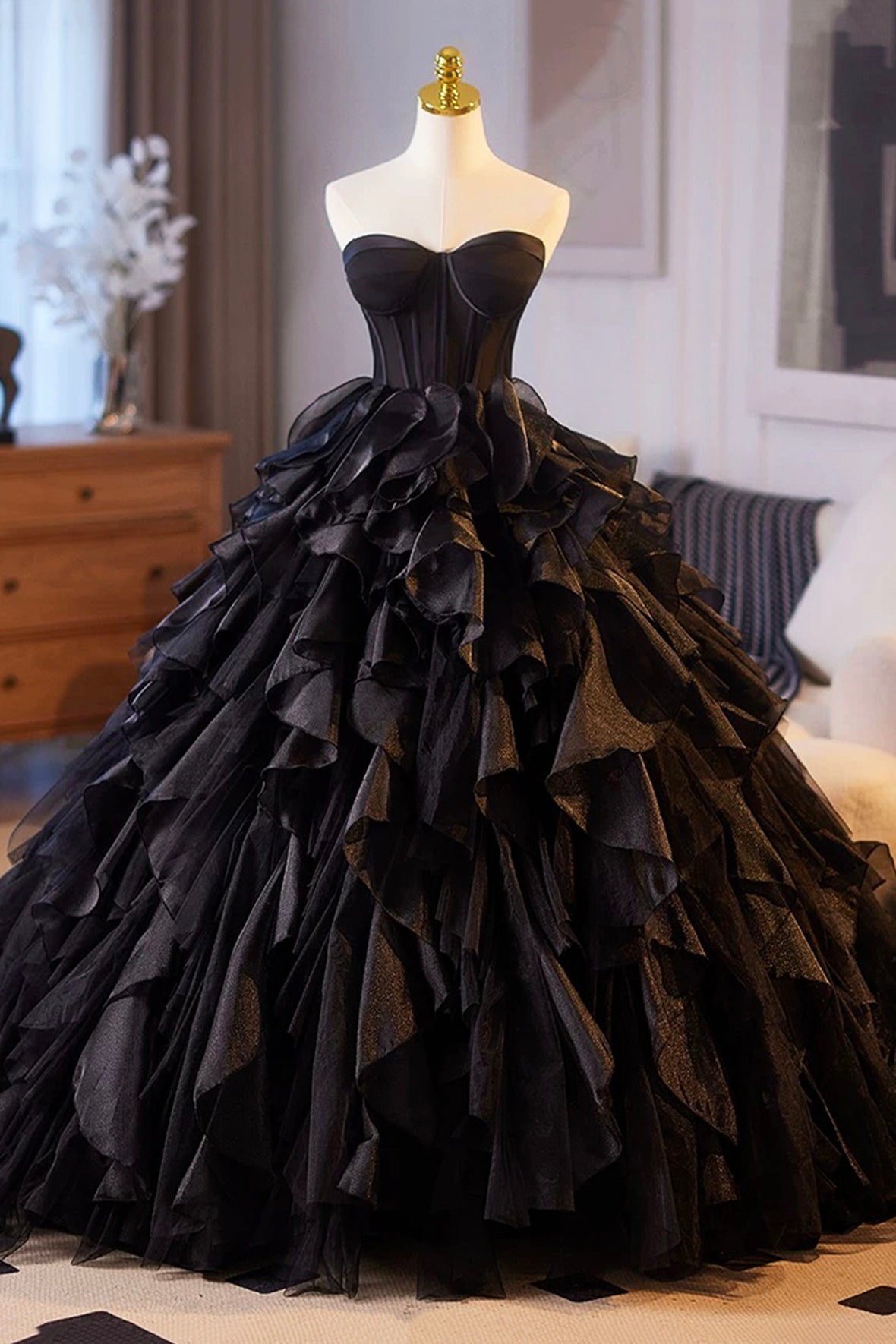 Black Layered Tulle Prom Dress, Black A-Line Strapless Long Evening Party Dress