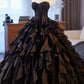 Black Layered Tulle Prom Dress, Black A-Line Strapless Long Evening Party Dress