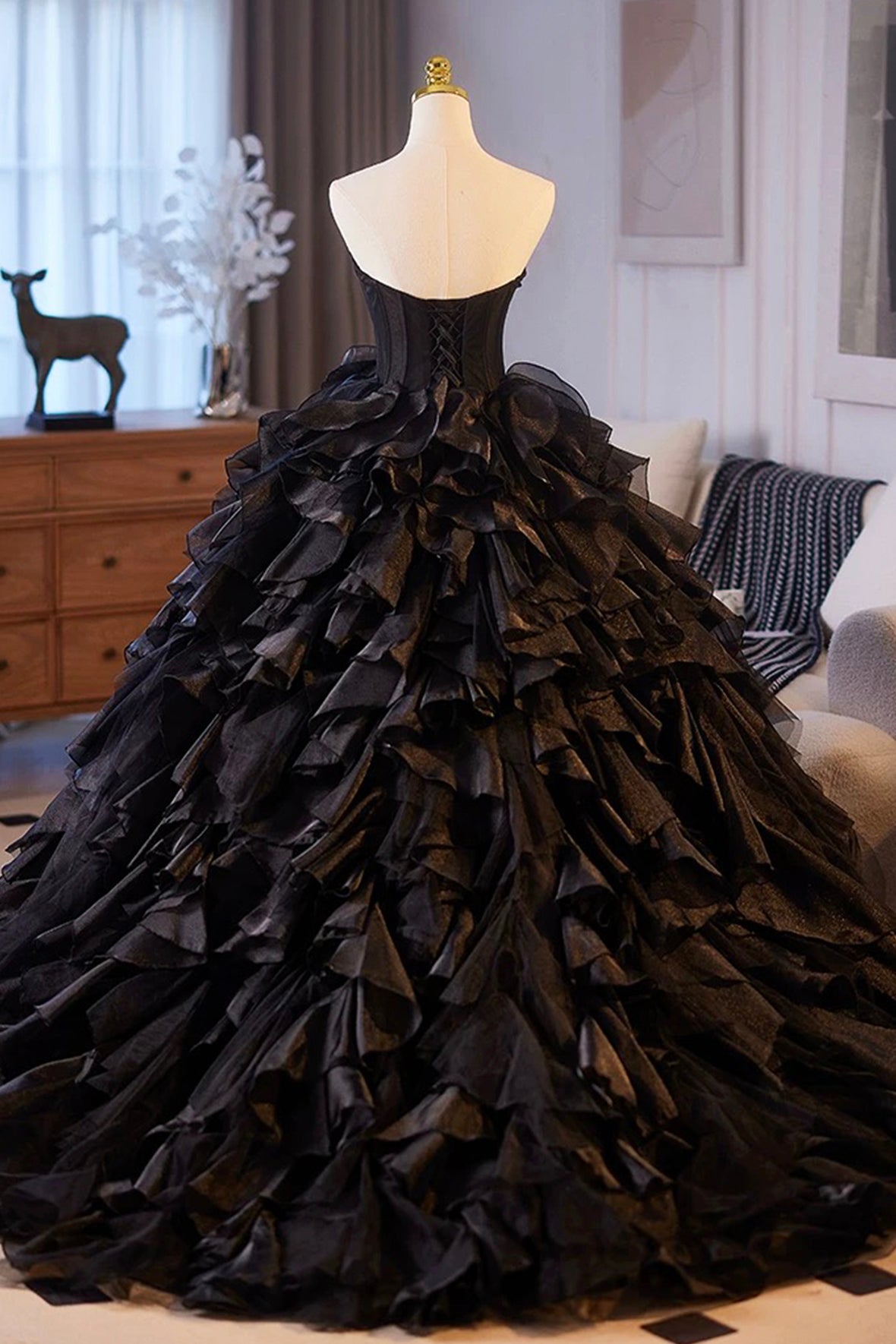 Black Layered Tulle Prom Dress, Black A-Line Strapless Long Evening Party Dress