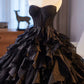 Black Layered Tulle Prom Dress, Black A-Line Strapless Long Evening Party Dress