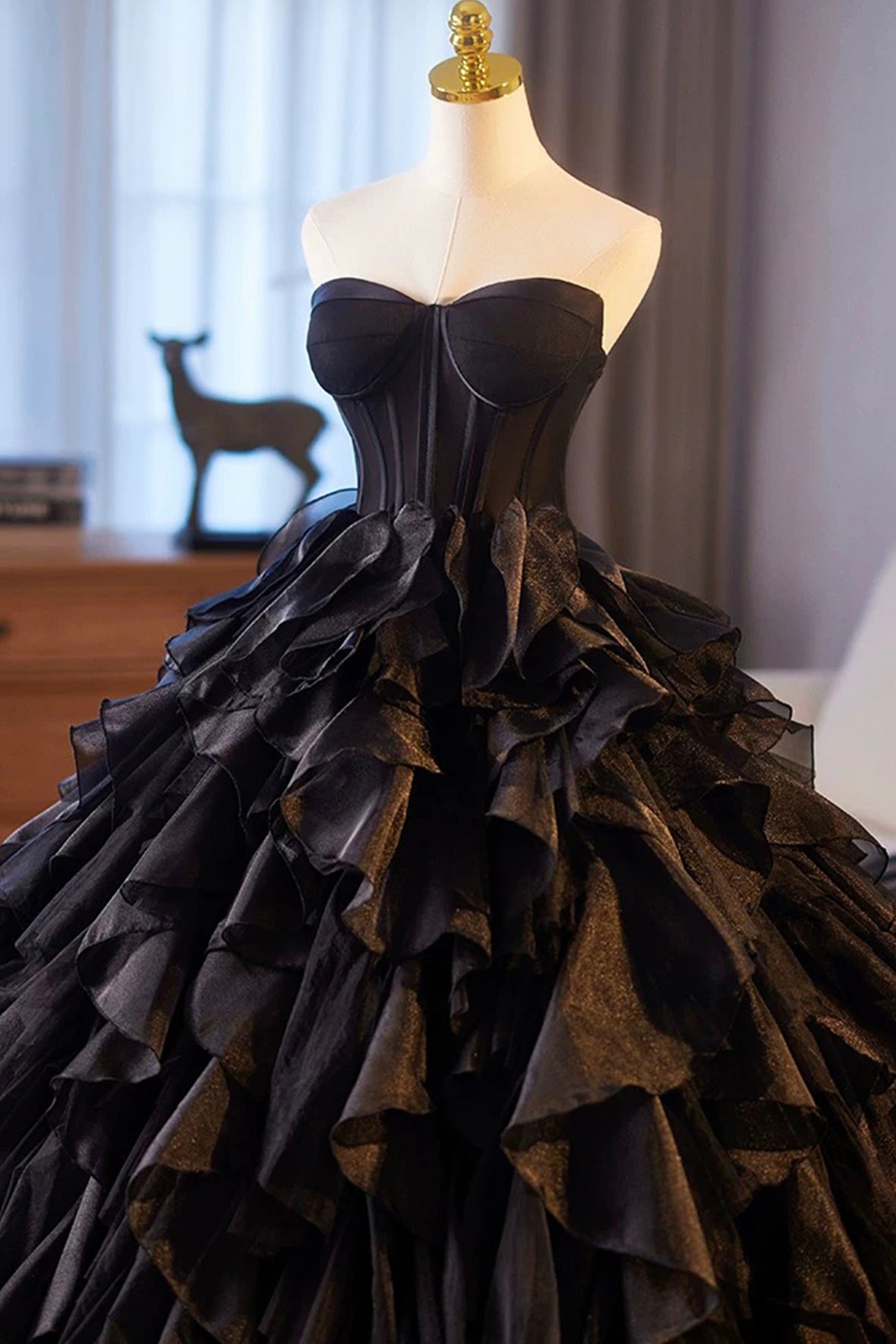 Black Layered Tulle Prom Dress, Black A-Line Strapless Long Evening Party Dress